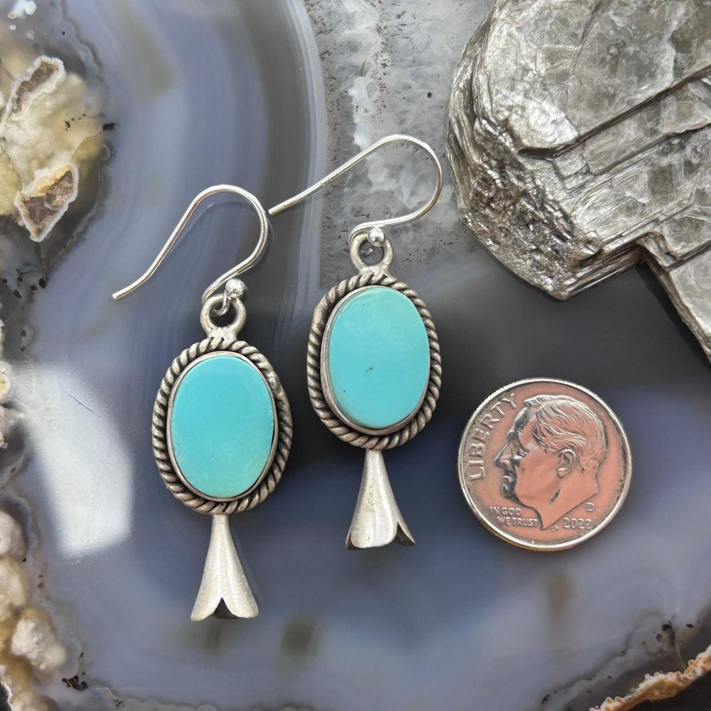 Sterling Silver Southwestern Style Turquoise Squash Blossom Dangle Earrings For Women #1