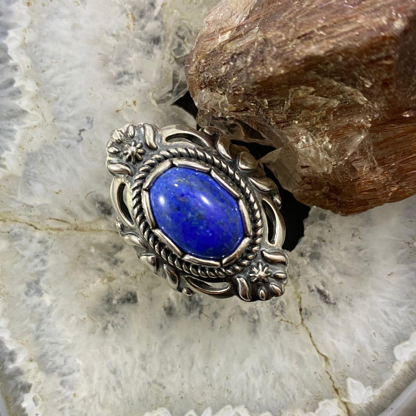 Carolyn Pollack Southwestern Style Sterling Silver Oval Denim Lapis Decorated Ring For Women