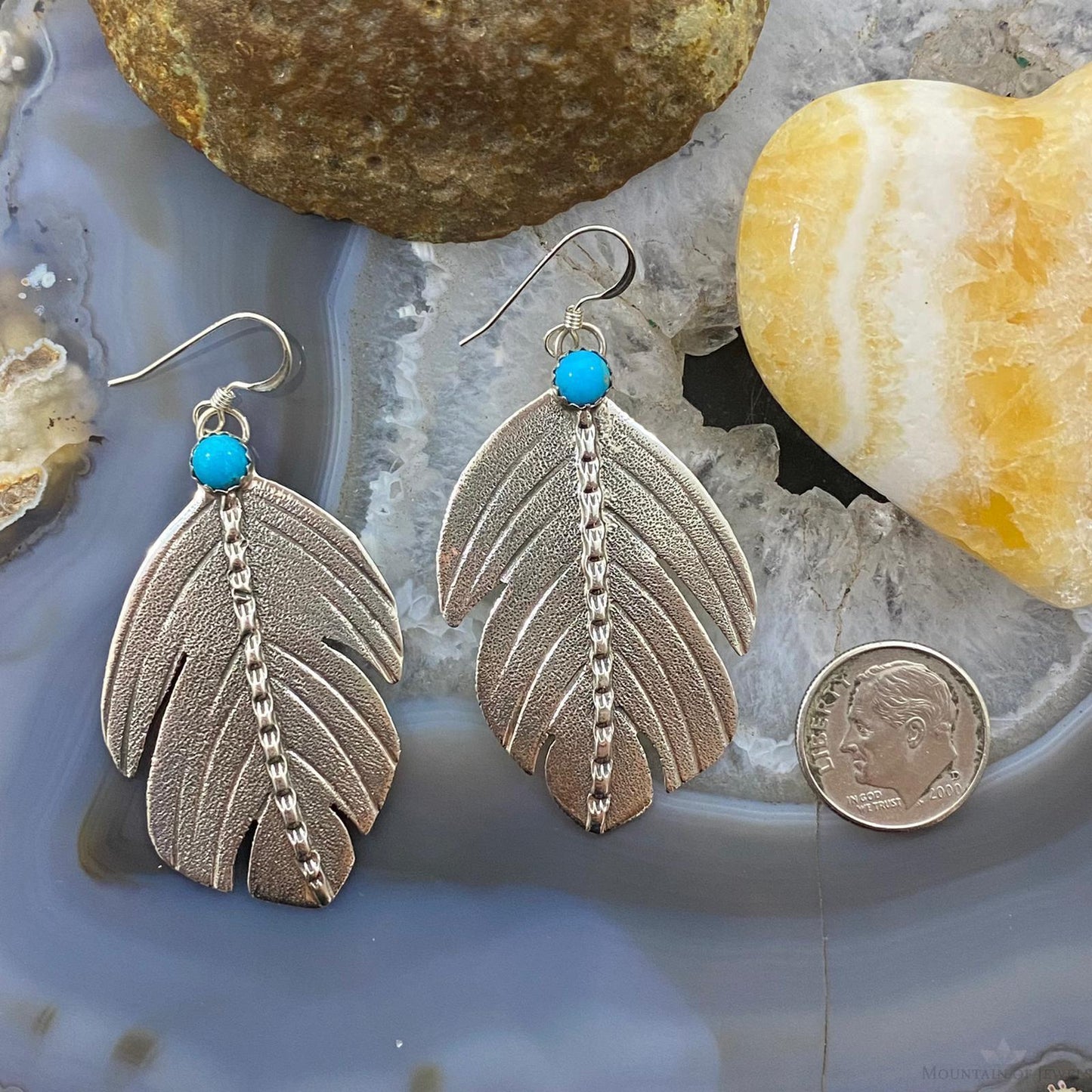 Brad Panteah Sterling Silver Turquoise Feather Texture Dangle Earrings For Women