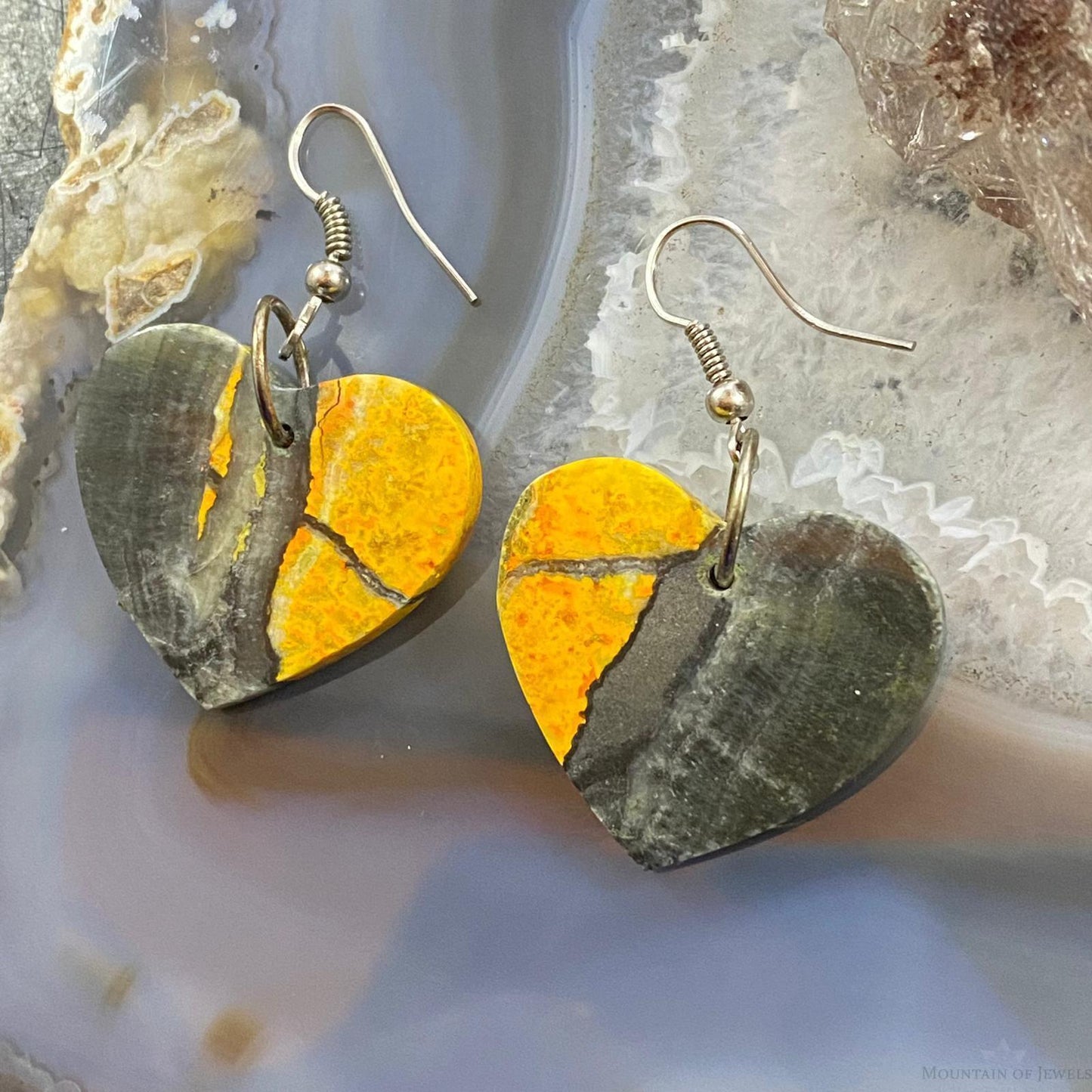 Sterling Silver Heart Shape Bumblebee Jasper Slab Dangle Earrings For Women #1