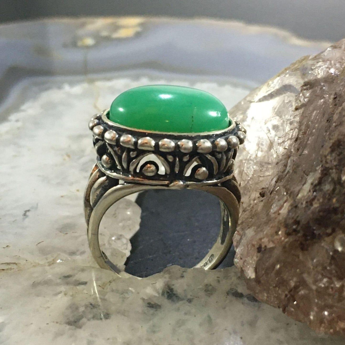 Carolyn Pollack Southwestern Style Sterling Silver Oblong Oval Variscite Decorated Ring For Women