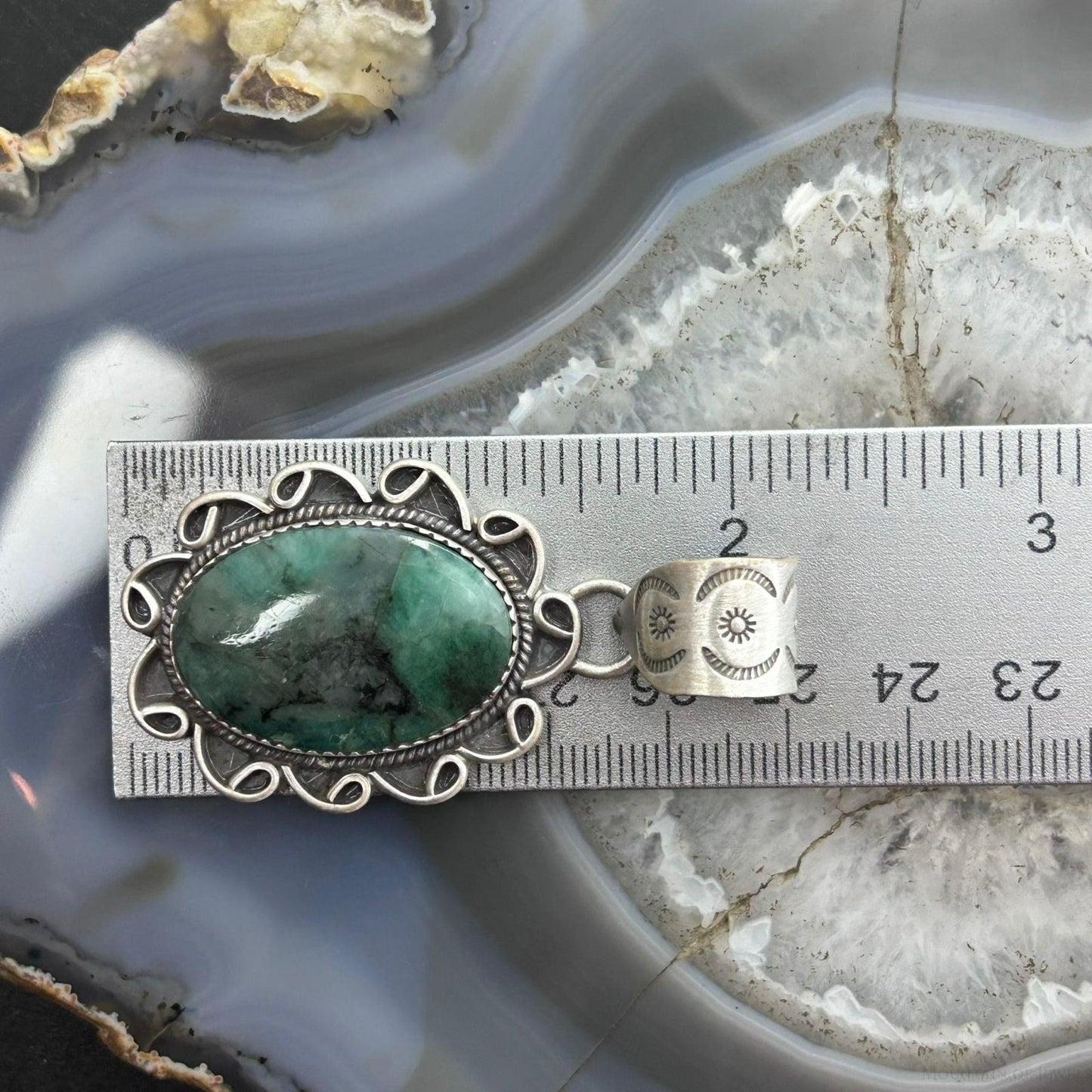 Sterling Silver Southwestern Style Oval Emerald Decorated Pendant For Women
