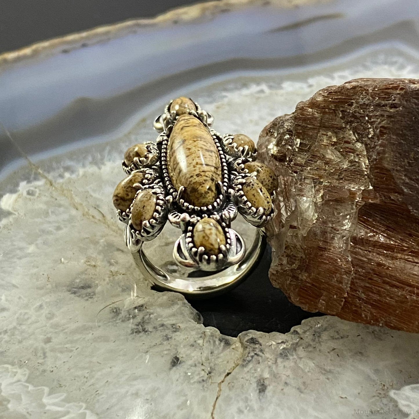 Carolyn Pollack Southwestern Style Sterling Silver Picture Jasper Decorated Cluster Ring 5.5 & 6.5 For Women