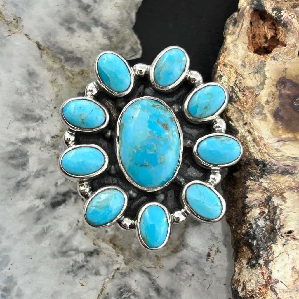 Sterling Silver Southwestern Style Mohave Turquoise Cluster Ring Size 7.5 For Women