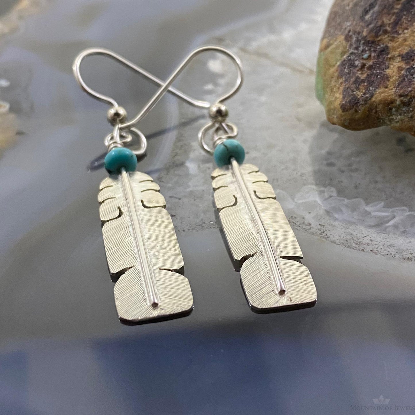 David Kuticka Native American Sterling Silver Feather w/Turq Dangle Earrings #2