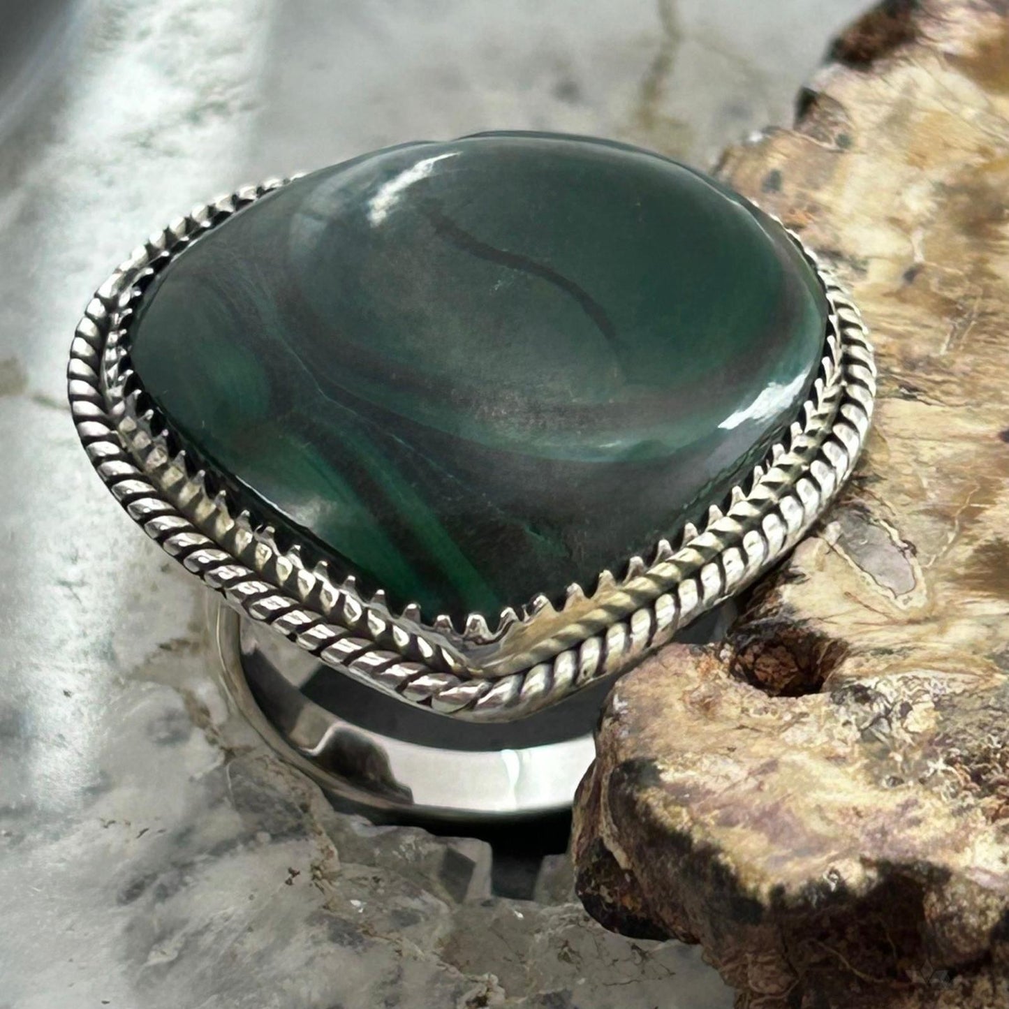 Sterling Silver Southwestern Style Malachite Heart Shape Ring Size 7 For Women