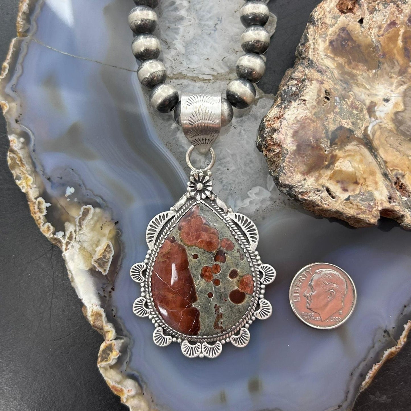 Sterling Silver Southwestern Style Wide Teardrop Peanut Obsidian Pendant For Women