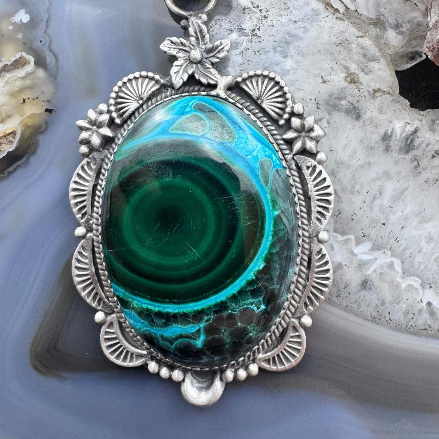 Sterling Silver Southwestern Style Oval Azurite Malachite Decorated Pendant For Women