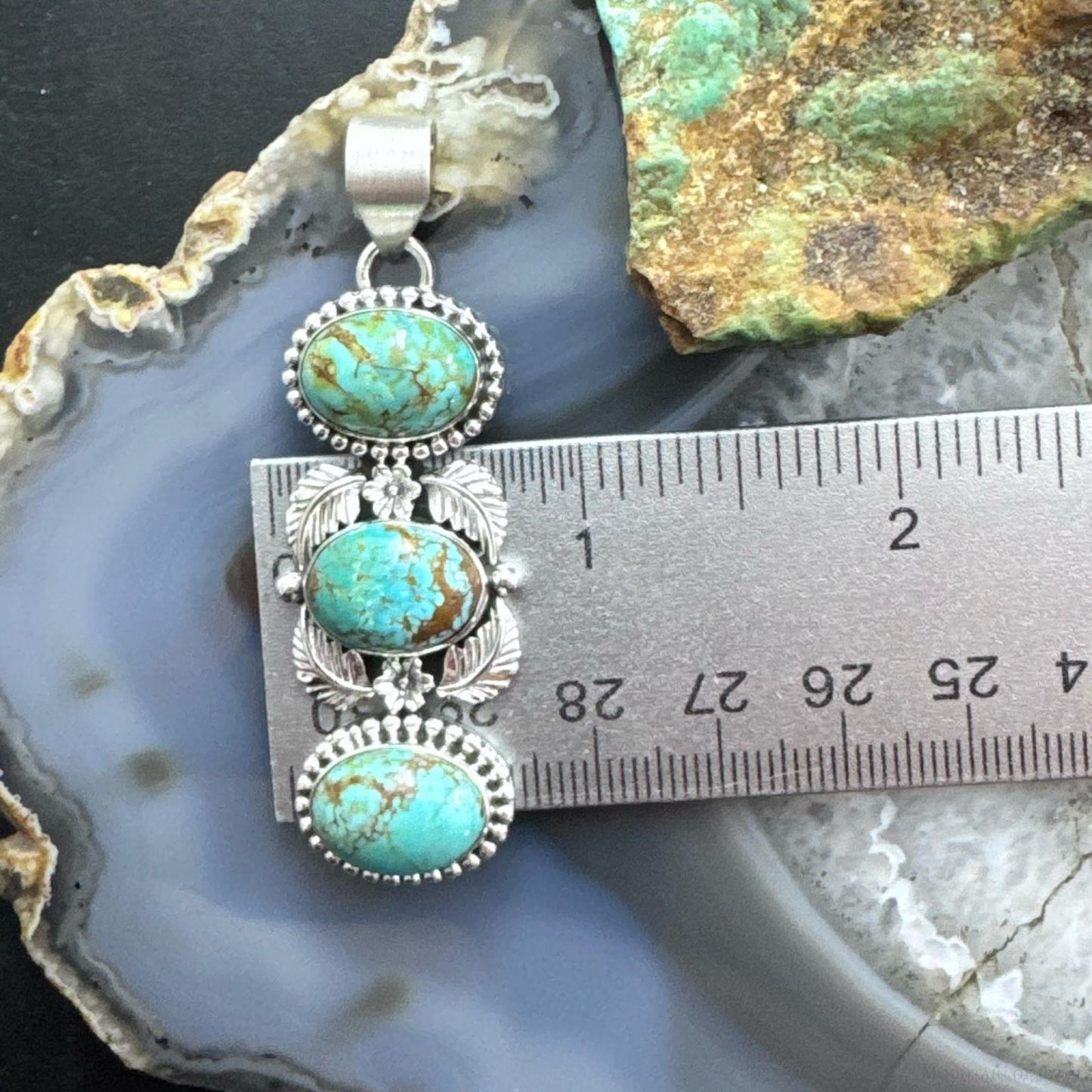 Sterling Silver Southwestern Style 3 Oval Turquoise Decorated Pendant For Women