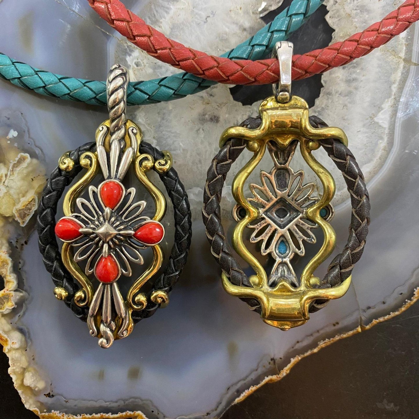 Carolyn Pollack Southwestern Style Sterling Silver/Brass/Leather Multi-gemstone Decorated Pendant For Women
