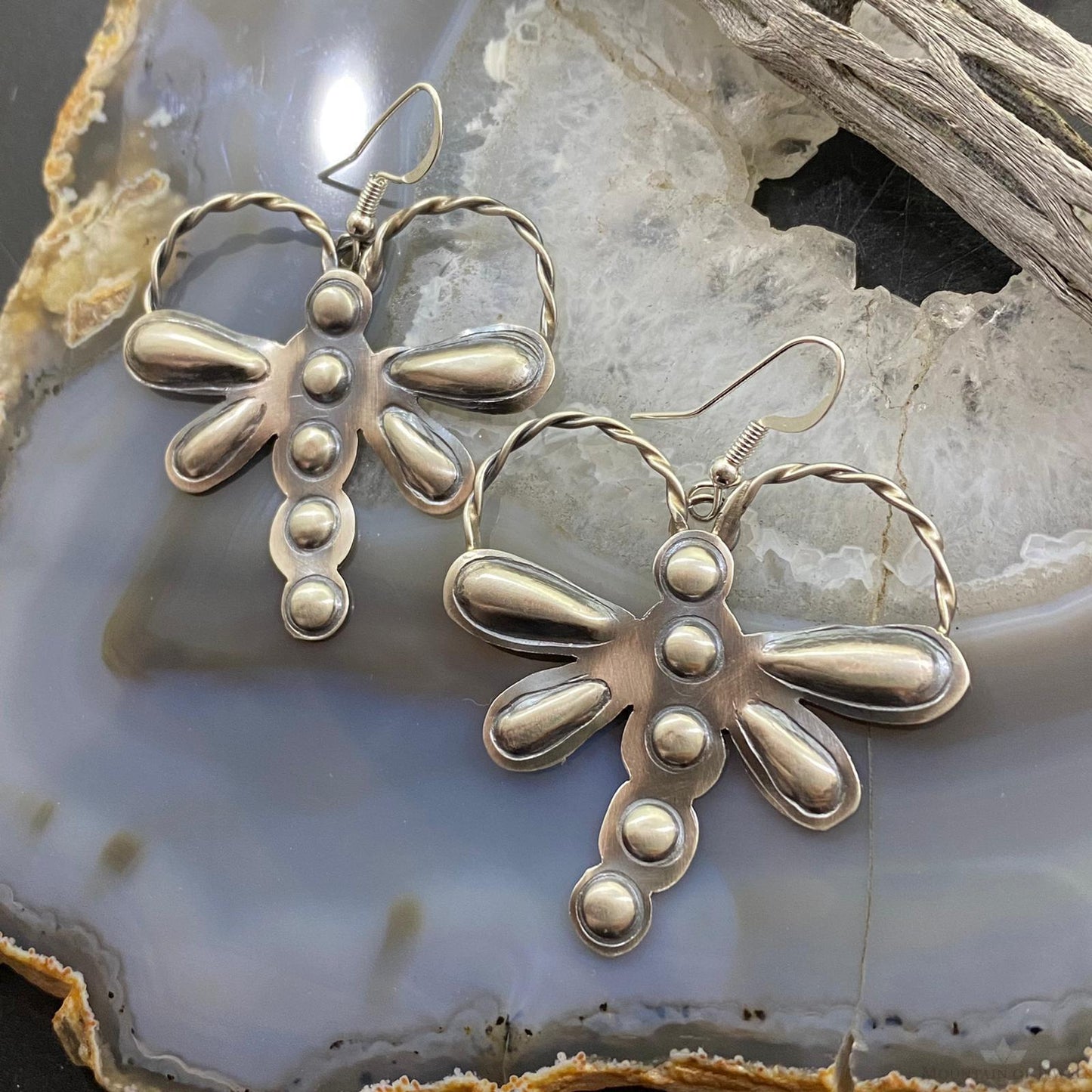 Sterling Silver Repousse Dragonfly Dangle Earrings For Women