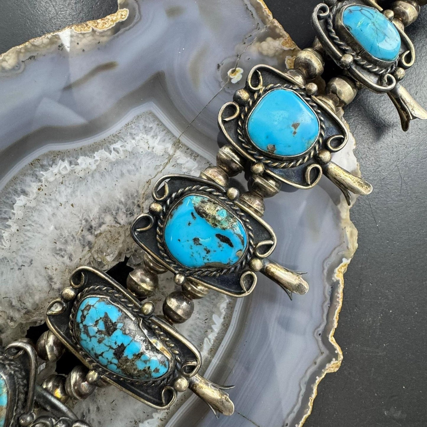 Vintage Native American Silver Matrix Turquoise 24" Squash Blossom Necklace For Women