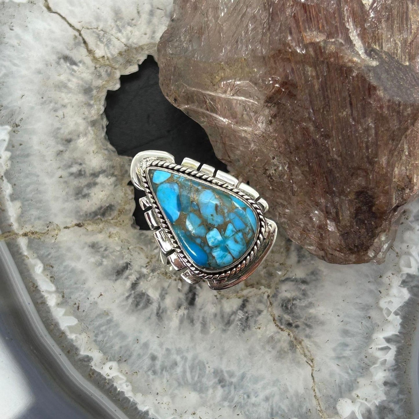 Sterling Southwestern Style Teardrop Blue Copper Turquoise Ring Size 8.5 For Women