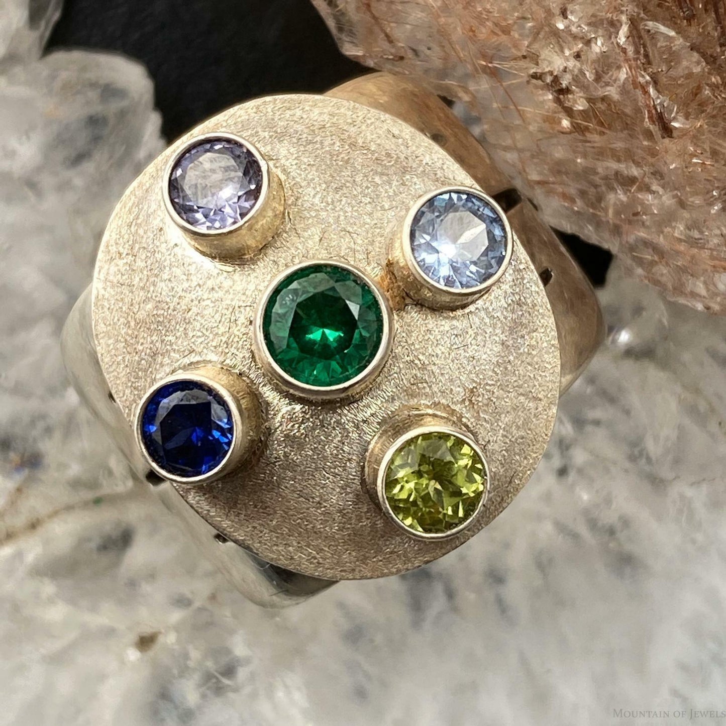 Sterling Silver Ring Size 7.5 with 5 Different Gems Wide Band Ring