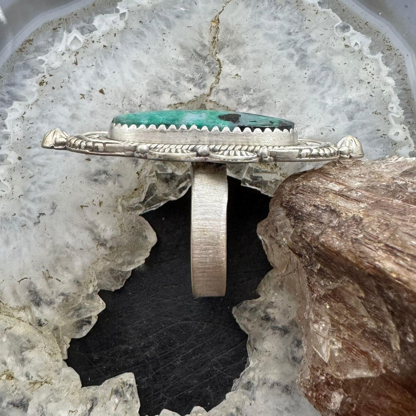 Sterling Silver Southwestern Style Oval Turquoise Decorated Adjustable Ring For Women