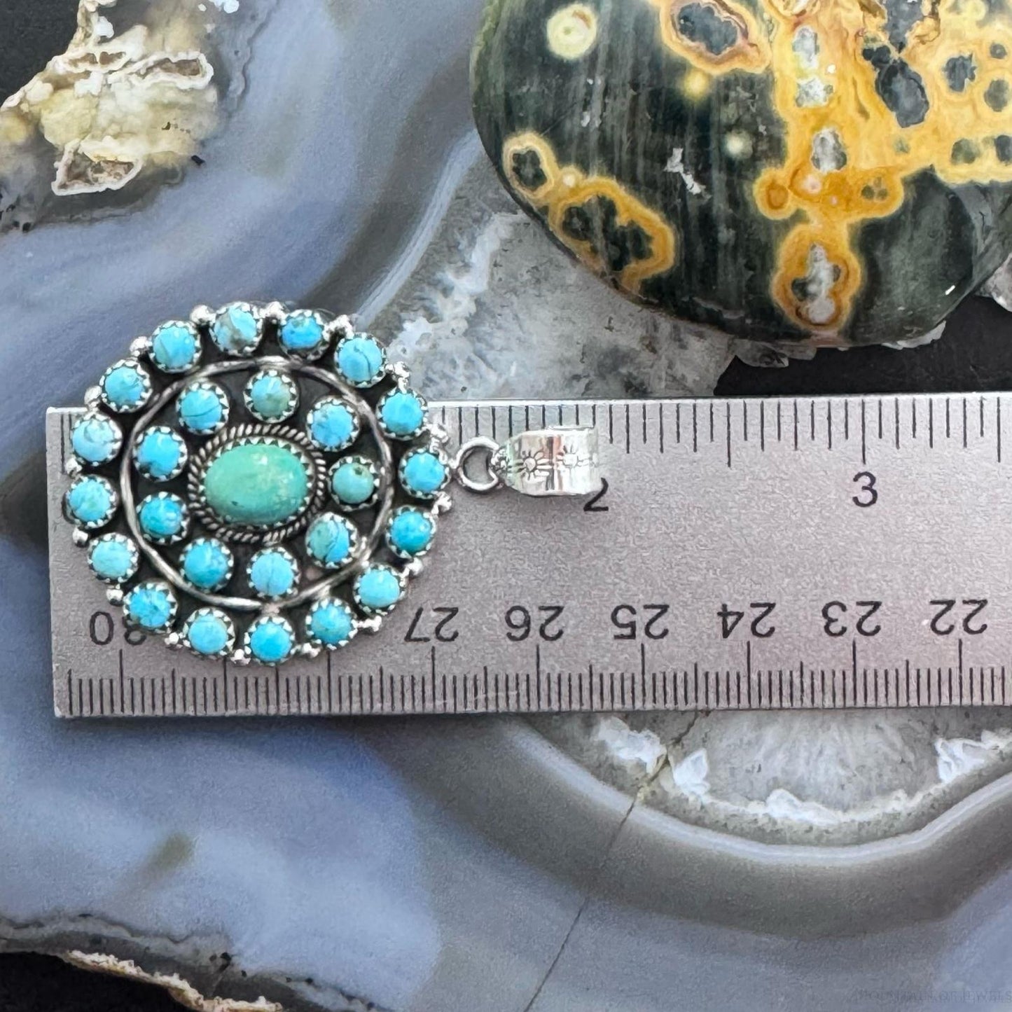 Sterling Silver Southwestern Style Rounded Turquoise Round Cluster Pendant For Women