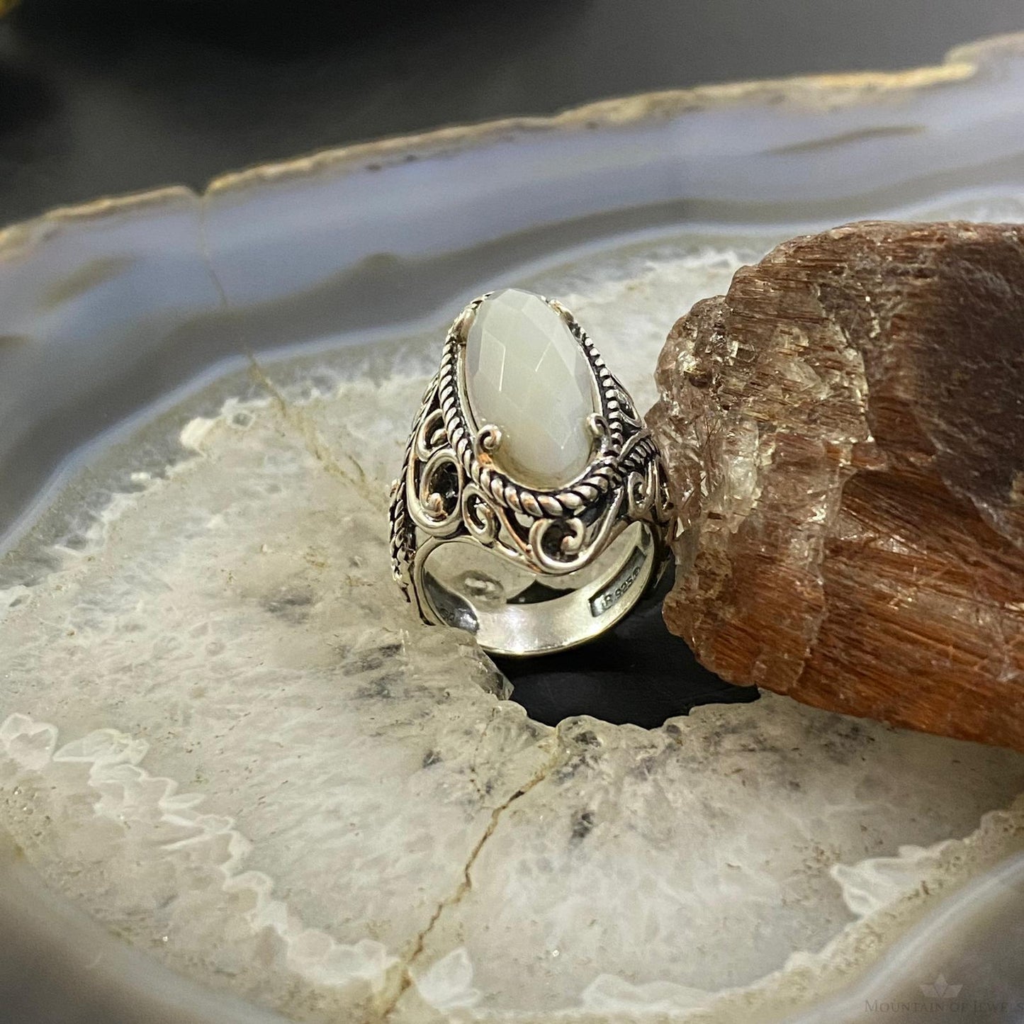 Carolyn Pollack Sterling Silver Marquise Faceted Blue Lace Agate Decorated Ring For Women