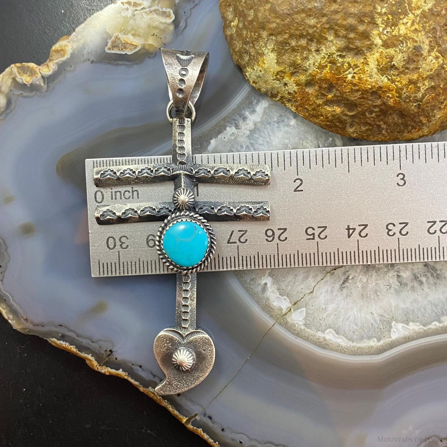 Kevin Billah Native American Sterling Silver Turquoise Native Cross w/Heart Unisex Pendant