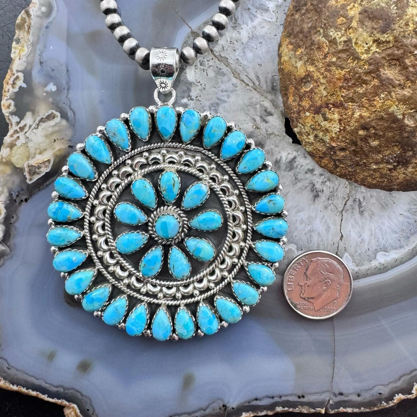Sterling Silver Southwestern Style Turquoise Decorated Round Cluster Pendant For Women