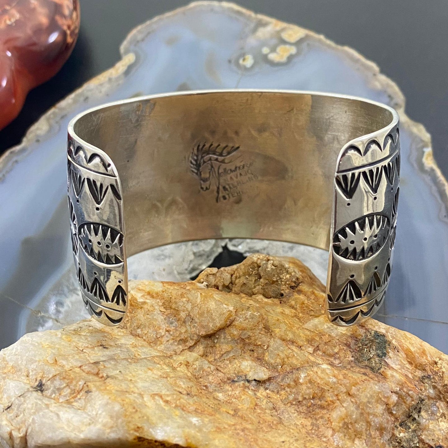 Yellowhorse native American Vintage Sterling Stamped Wide Bracelet For Women