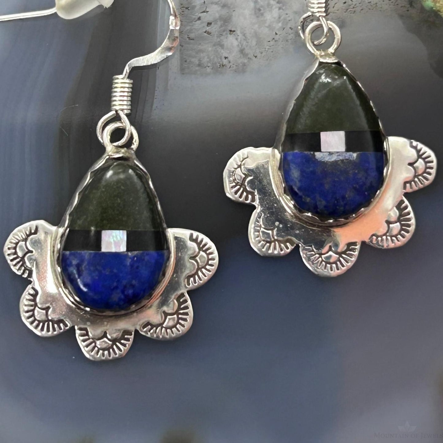 Clifton Aguilar Sterling Silver Teardrop Multistone Inlay Dangle Earrings For Women #1
