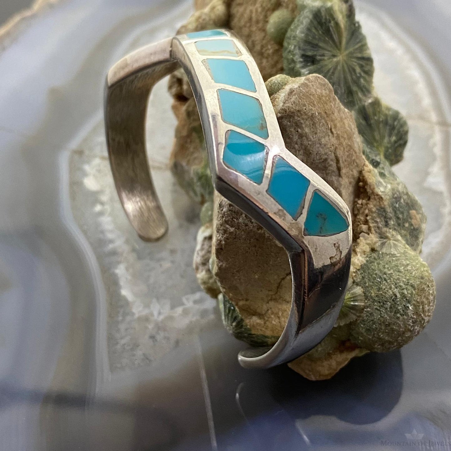 Vintage Native American Silver Turquoise Inlay Heavy Gauge Bracelet For Women