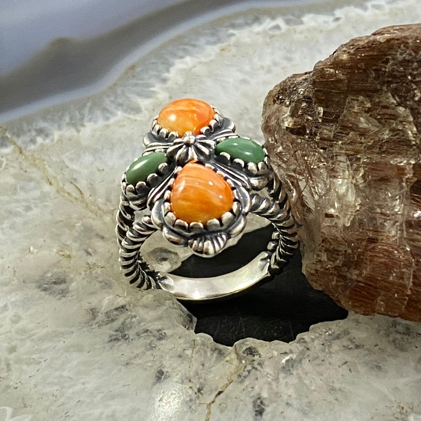Carolyn Pollack Southwestern Style Sterling Silver Orange Spiny Oyster & Gaspeite Cross Ring For Women