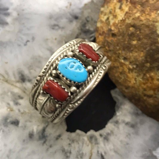 Betty Begaye Vintage Native American Sterling Turquoise/2 Coral  Unisex Ring Size 14.5