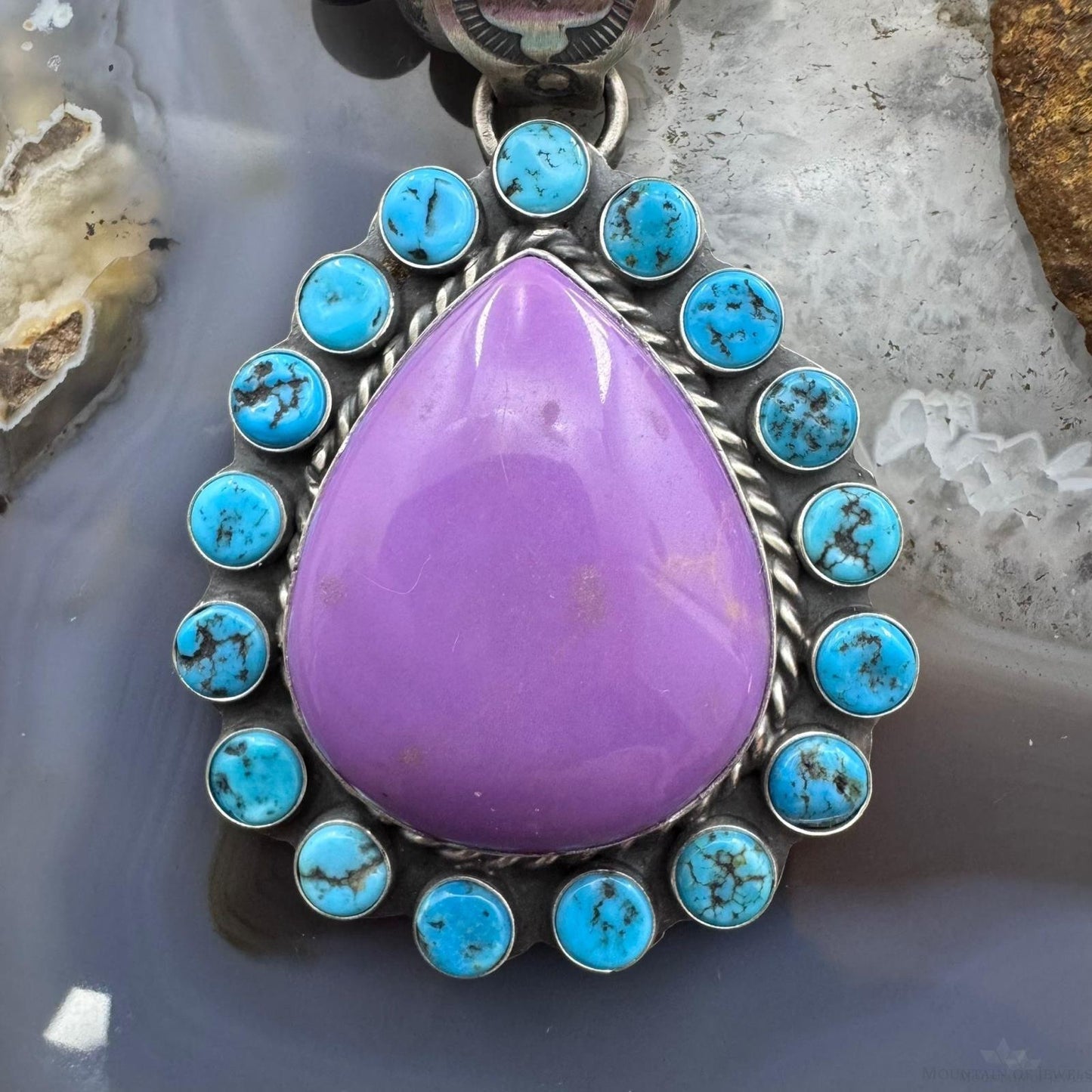 Native American Sterling Silver Purple Phosphosiderite & Turquoise Pendant For Women
