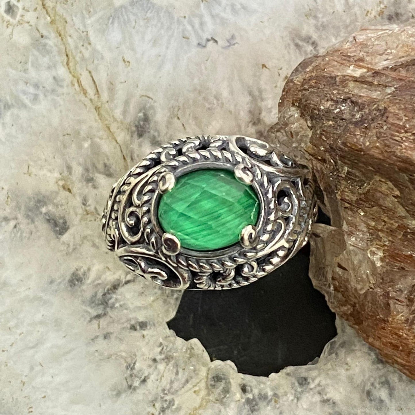 Carolyn Pollack Sterling Silver Oval Malachite & Quartz Decorated Doublet Ring For Women