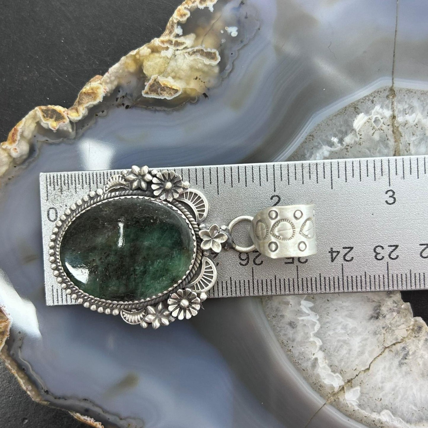 Sterling Silver Southwestern Style Oval Dark Emerald Decorated Pendant For Women