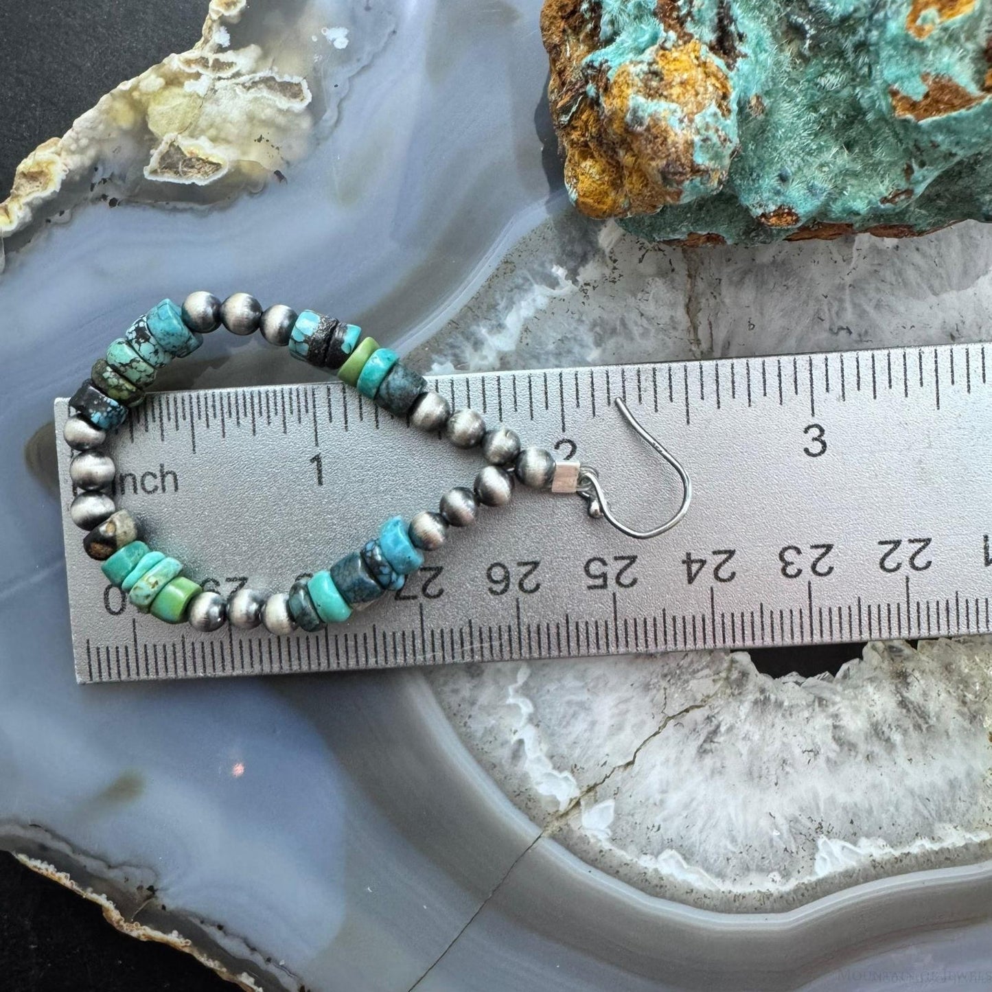 Sterling Silver Southwestern Style Navajo Pearl & Turquoise Bead Hoop Earrings For Women