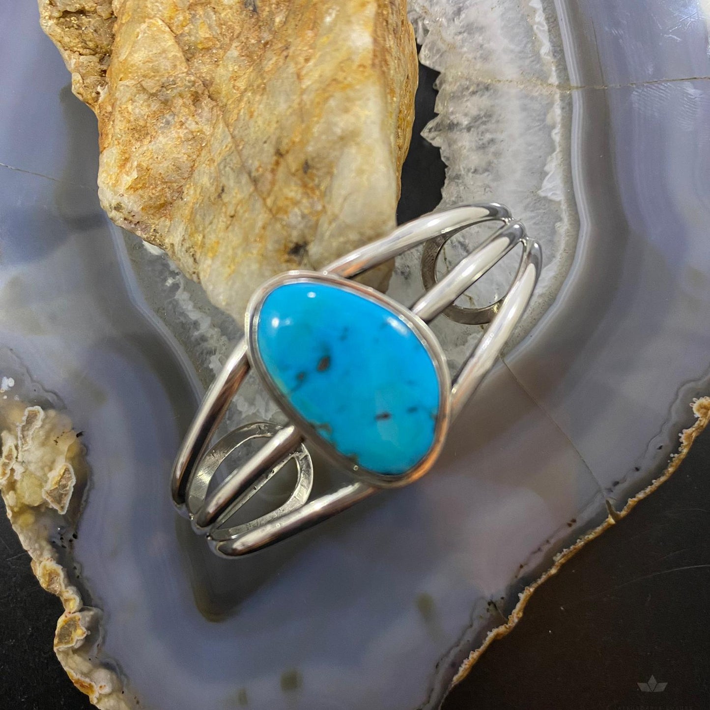 Vintage Signed Native American Sterling Silver Turquoise Split Shank Bracelet For Women