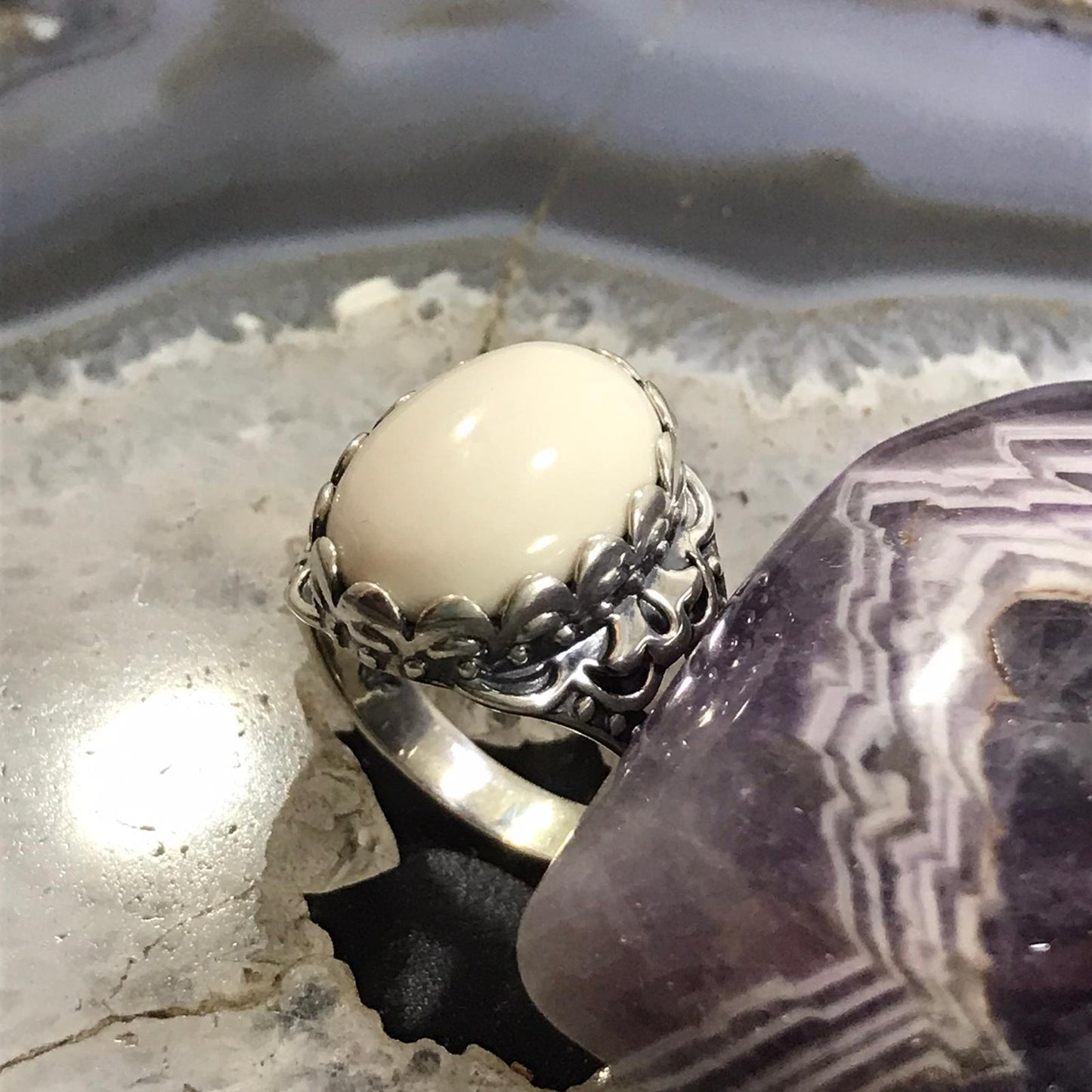 Carolyn Pollack Sterling Silver Oval White Jasper Dome Ring Size 9 For Women