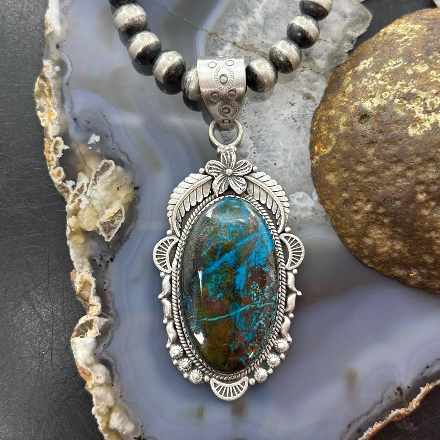 Sterling Silver Southwestern Style Large Oval Shattuckite Pendant For Women
