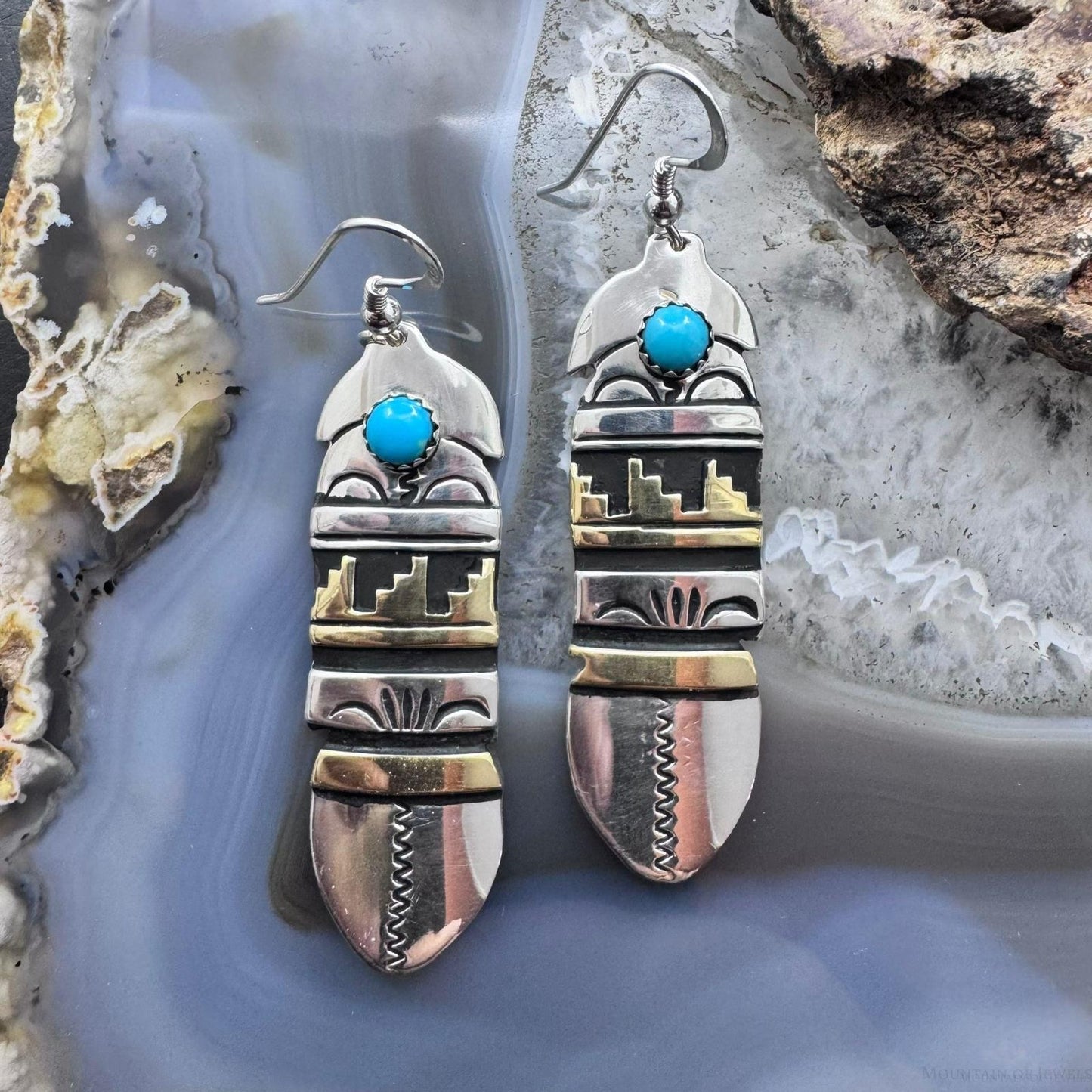 Tommy & Rosita Singer Sterling Silver & Gold Filled Dot Turquoise Feather Dangle Earrings For Women
