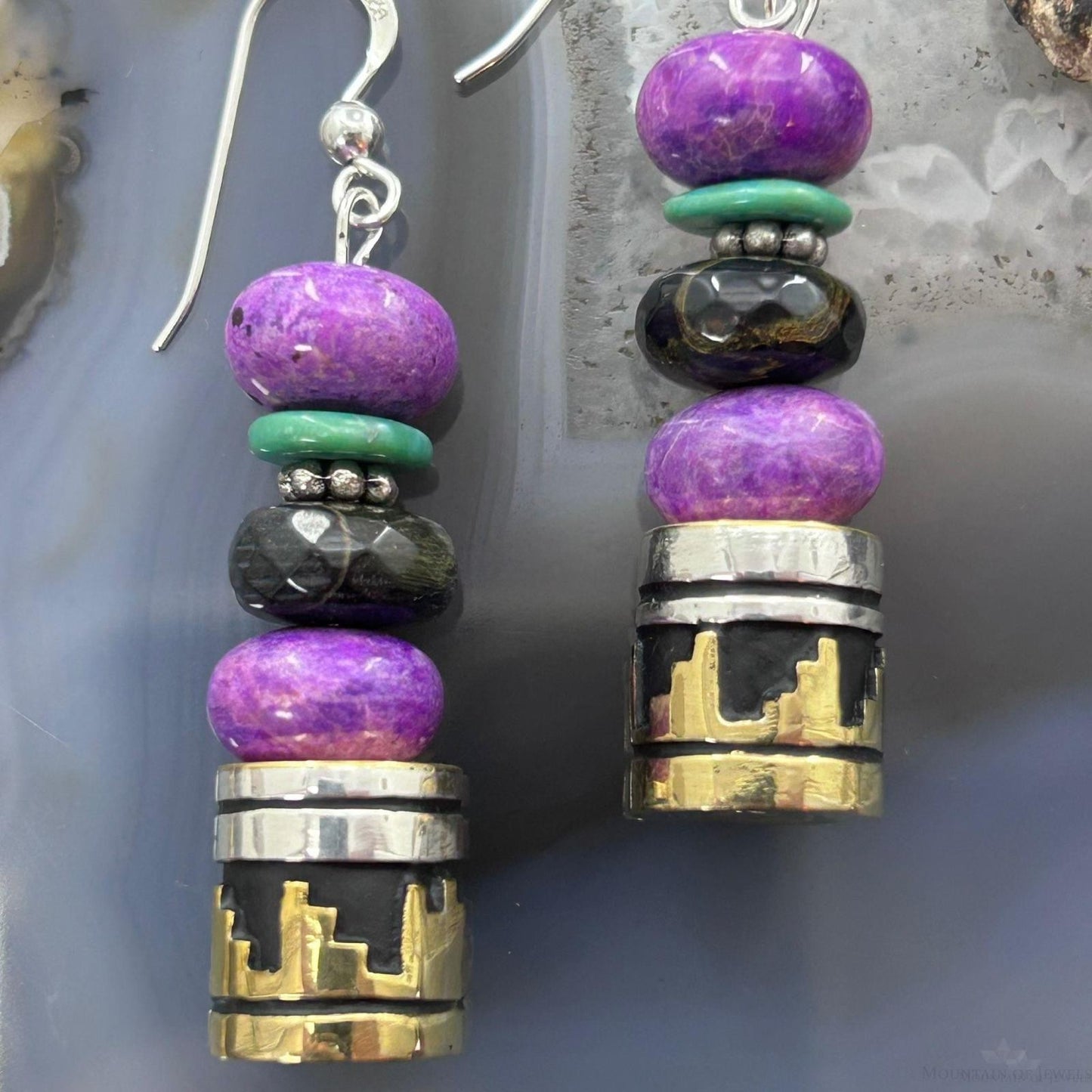 Tommy & Rosita Singer Sterling Silver Charoite & Onyx Bead Dangle Earrings For Women