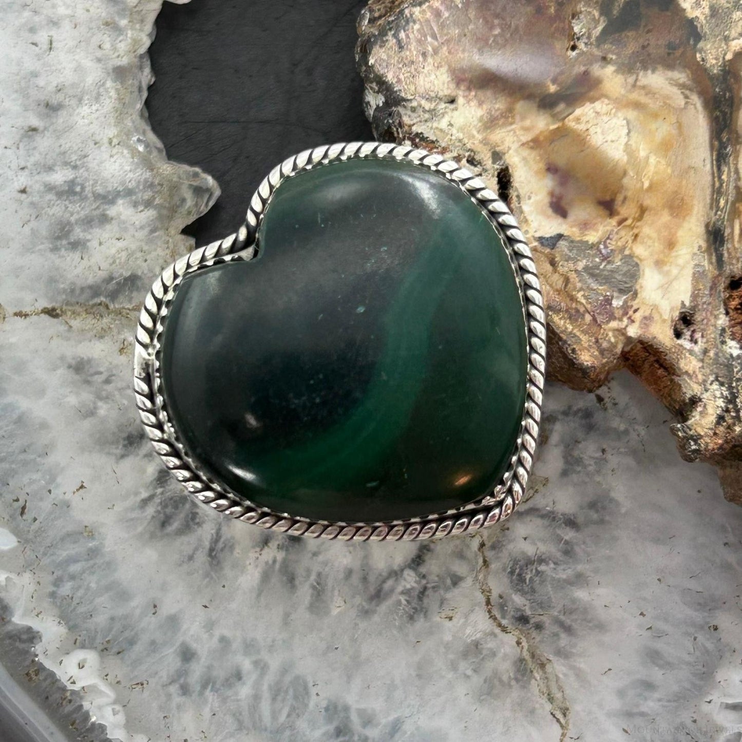 Sterling Silver Southwestern Style Malachite Heart Shape Ring Size 6 For Women