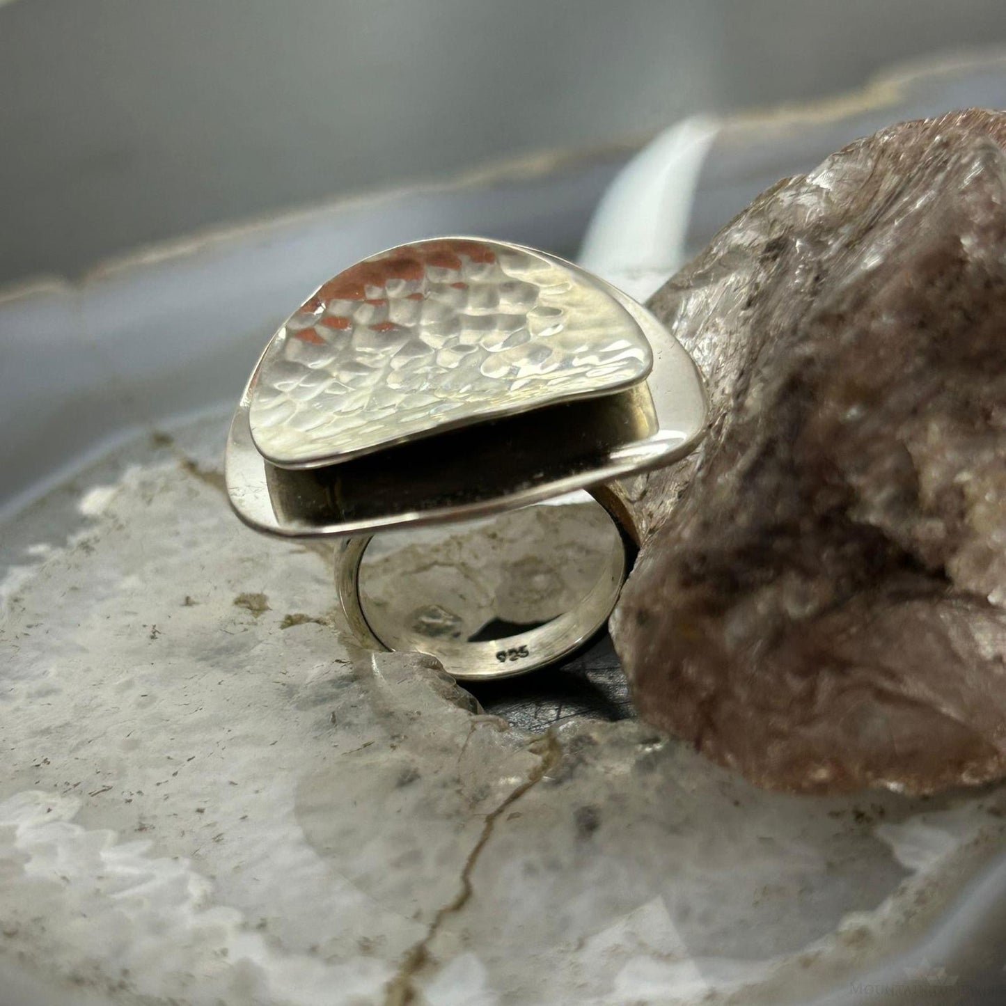 Sterling Silver Smooth & Hammered Stacked Round Ring For Women, Taxco Mexico
