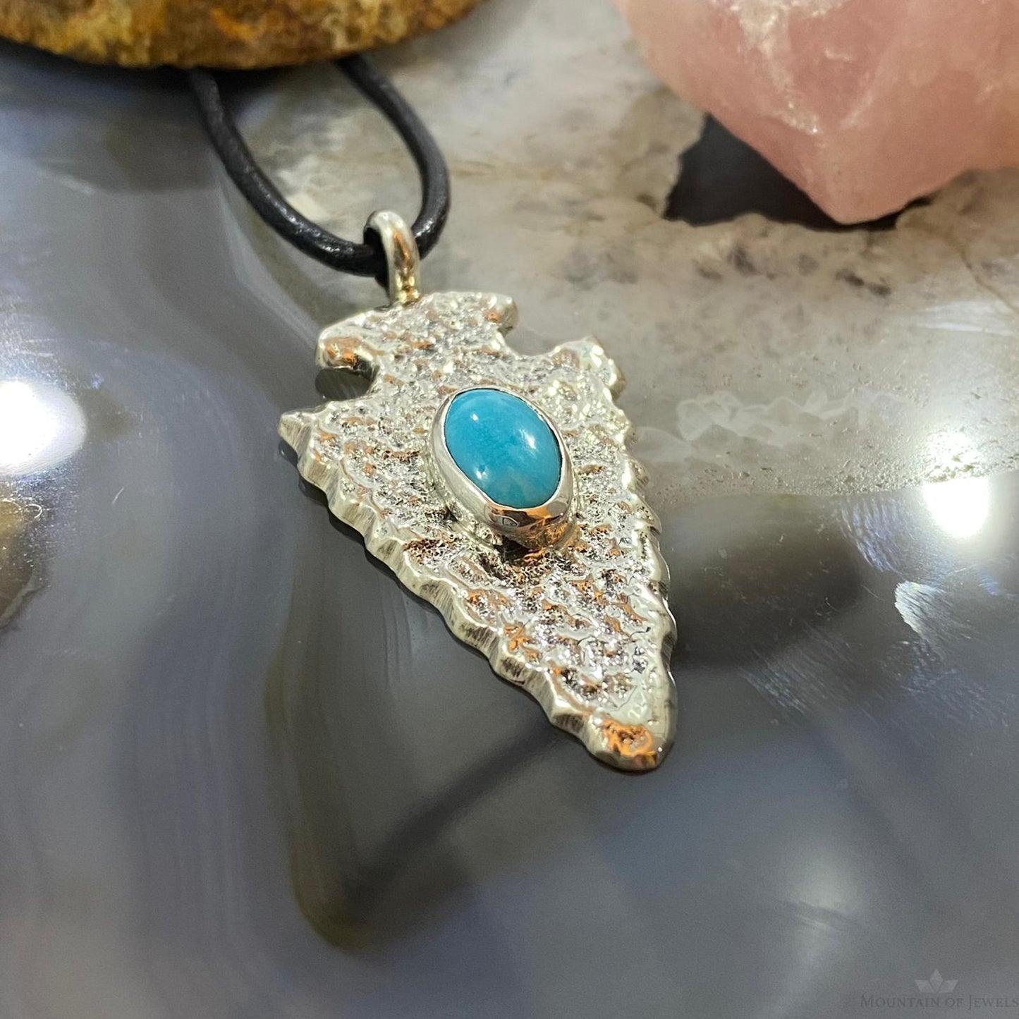Gary Custer Navajo Sterling Silver Tufa Cast Turquoise Arrowhead Uni Pendant #3