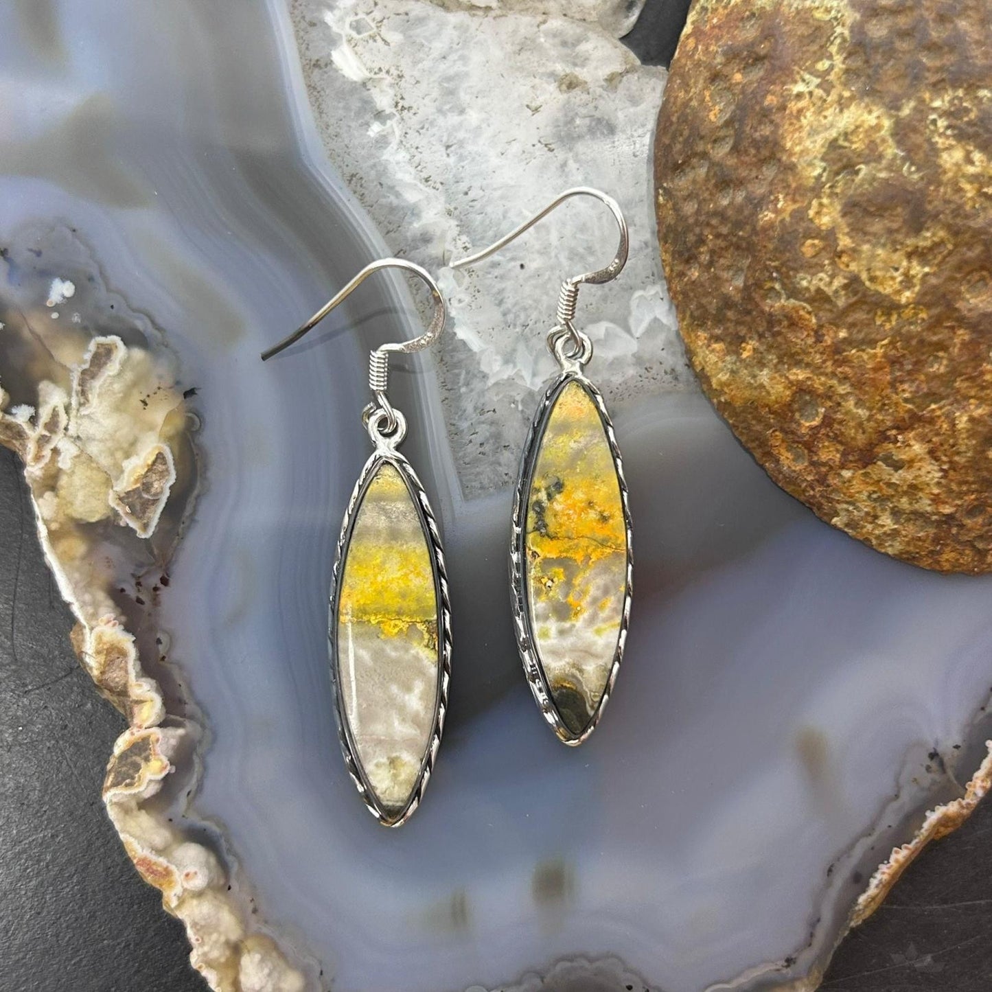 Sterling Silver Southwestern Style Marquise Yellow Jasper Dangle Earrings For Women
