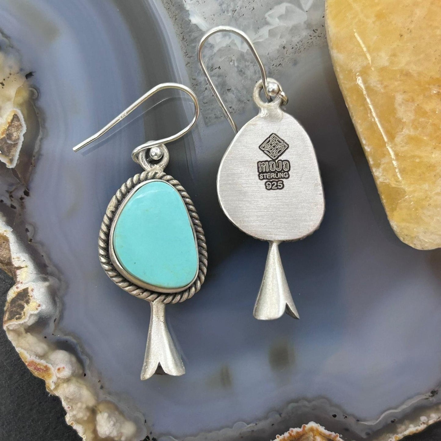 Sterling Silver Southwestern Style Turquoise Squash Blossom Dangle Earrings For Women #3