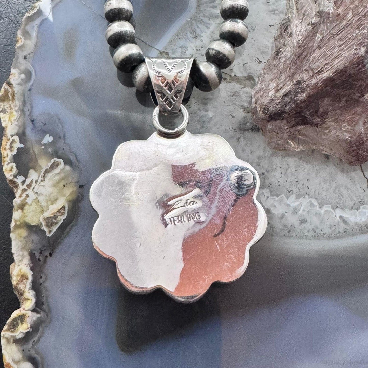 Native American Sterling Silver Turquoise & Orange Spiny Oyster Cluster Pendant For Women