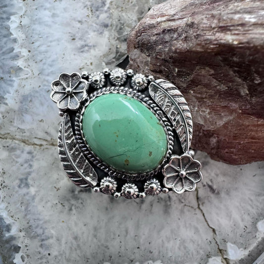 Sterling Silver Southwestern Style Oval Green Turquoise Adjustable Decorated Ring For Women