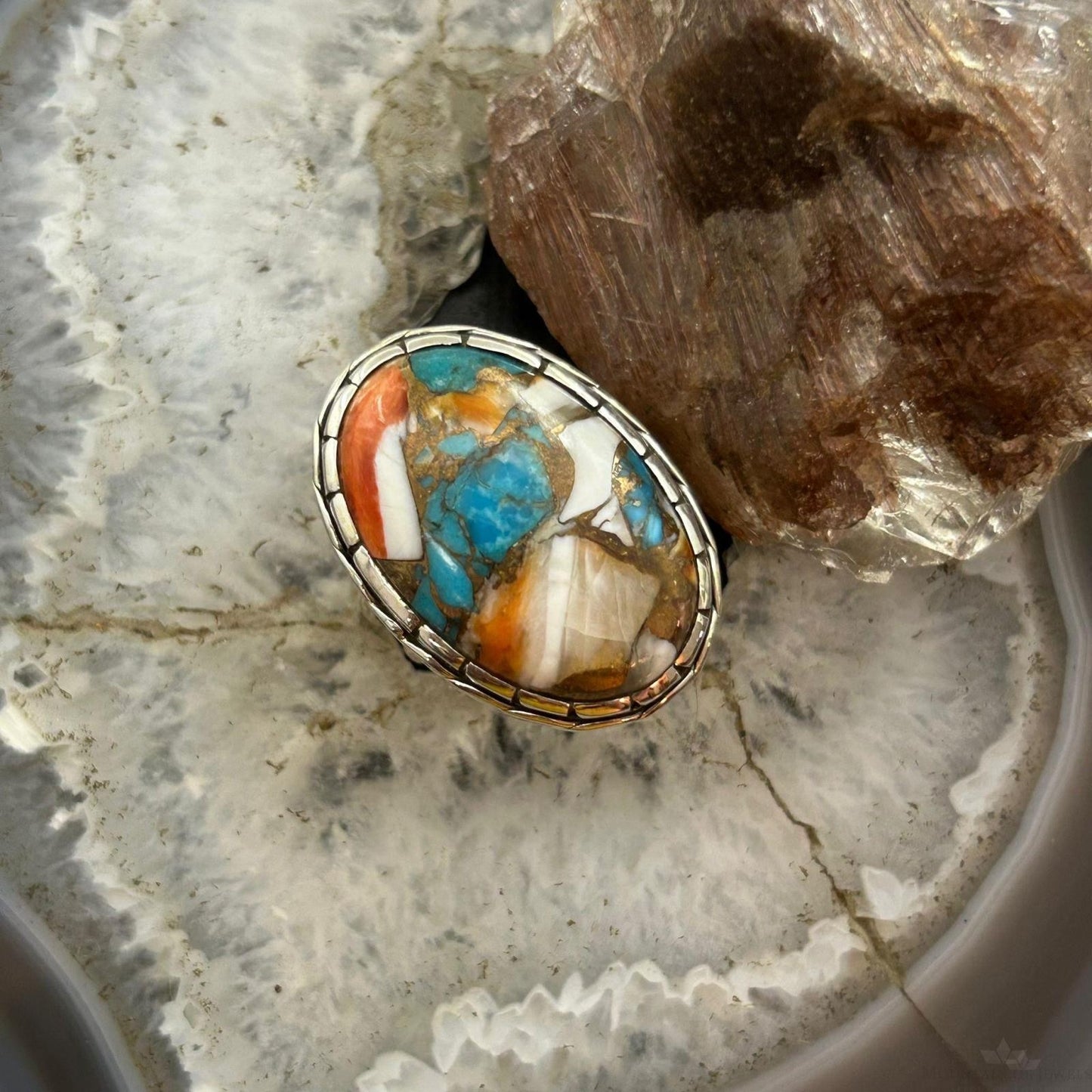 Sterling Silver Southwestern Style Oval Spiny Oyster Turquoise Ring Size 9 For Women