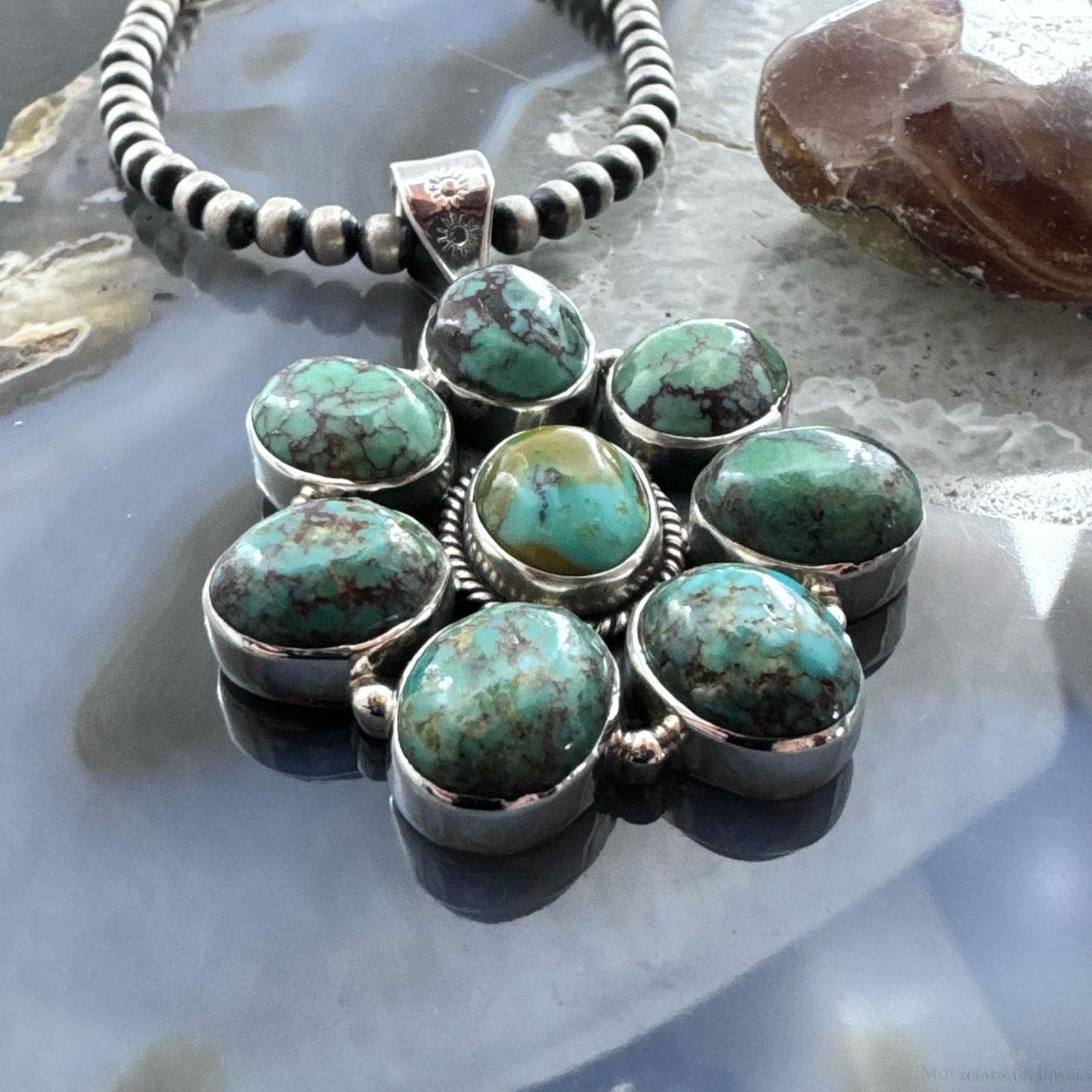 Sterling Silver Southwestern Style Oval Turquoise Cluster Pendant For Women
