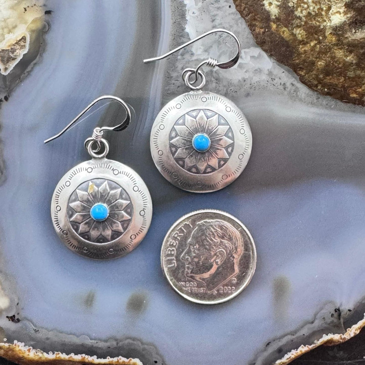 Native American Sterling Silver Turquoise Dot Stamped Concho Dangle Earrings For Women
