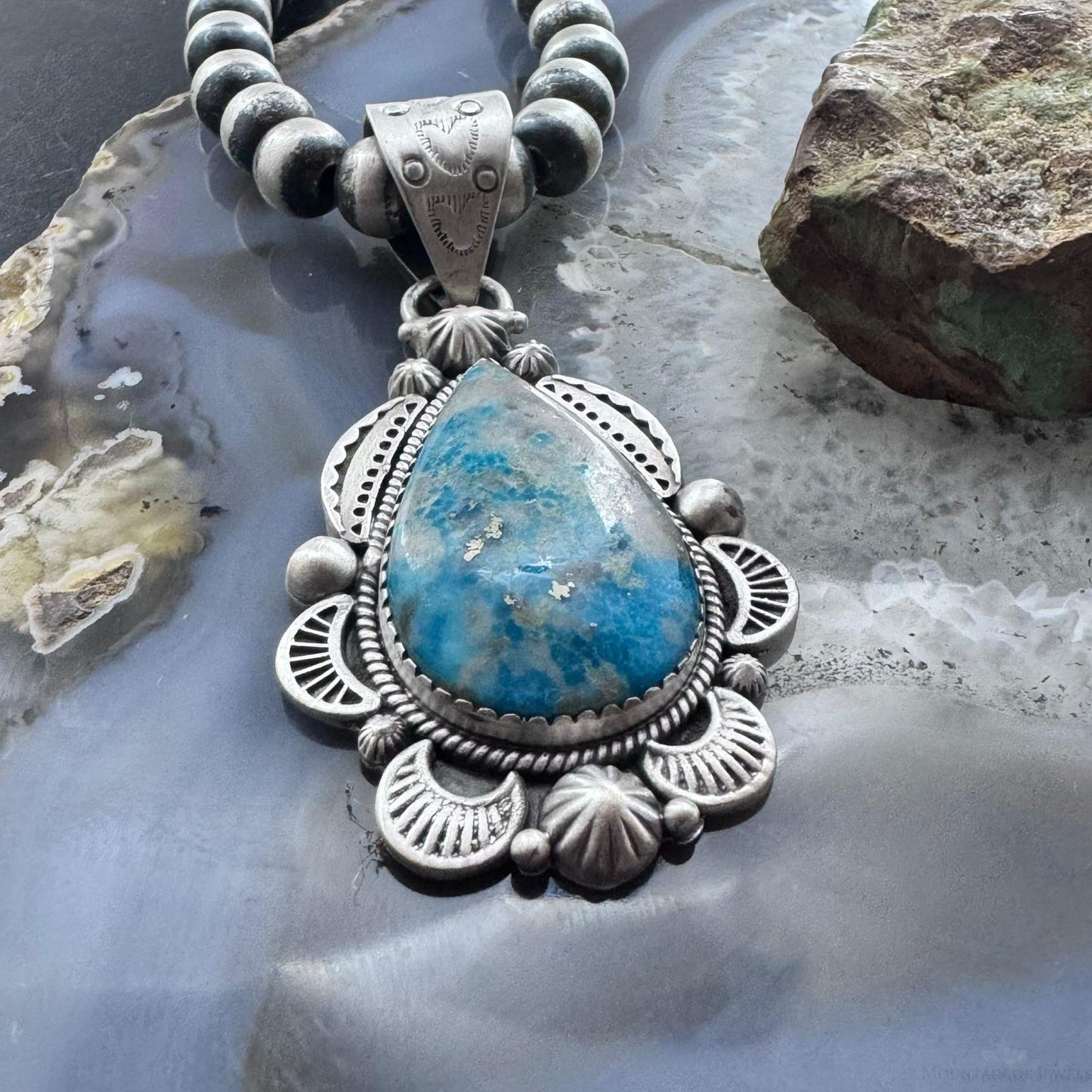 Sterling Silver Southwestern Style Teardrop Iranian Turquoise Decorated Pendant For Women