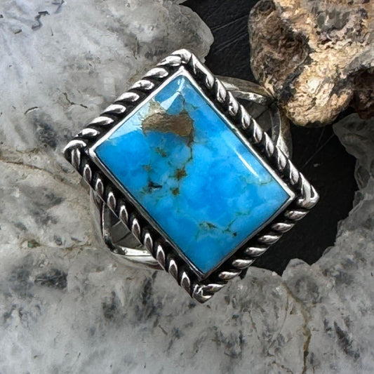 Native American Sterling Silver Rectangle Blue Ridge Turquoise Mini Bar Ring Size 9
