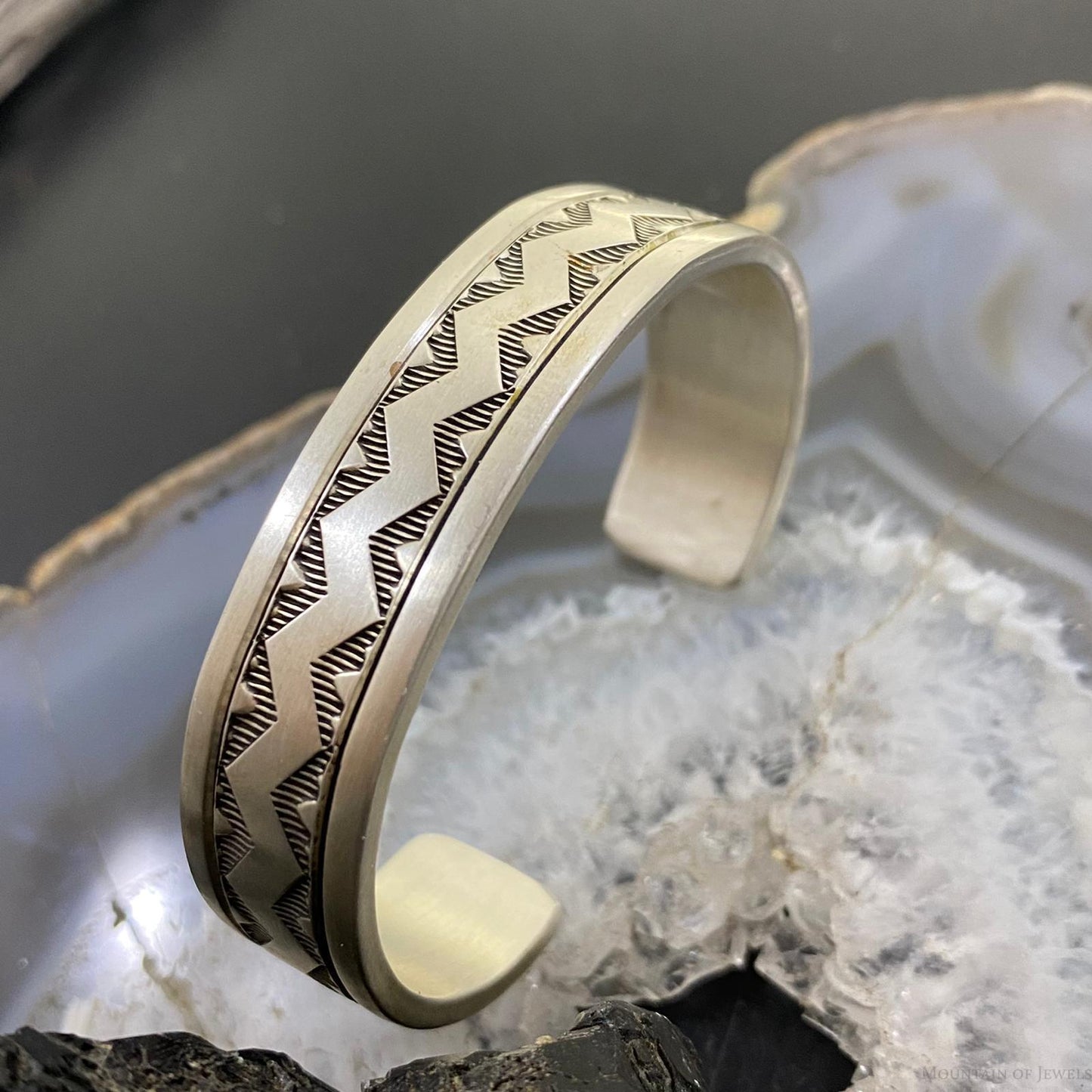 J J Otero Native American Sterling Silver Stamped Stackable Bracelet For Women